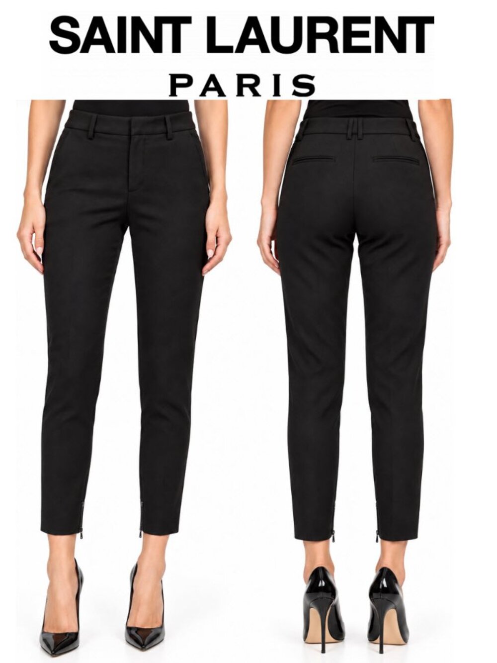 Saint Laurent Paris Black Wool Skinny Ankle Zip Trousers FR 38 US 6